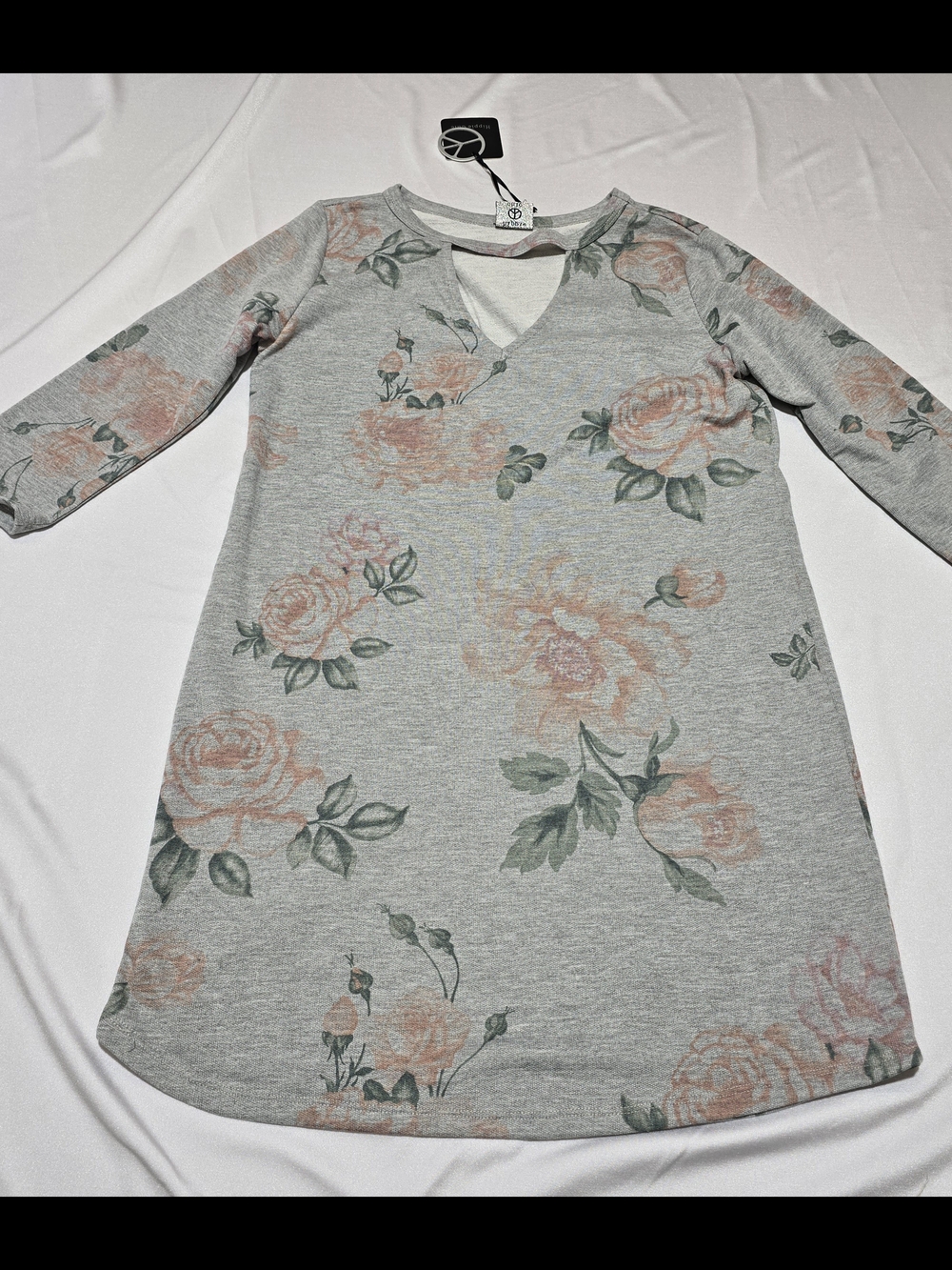 NWT Floral Keyhole Neck Gray & Pink Mini Dress